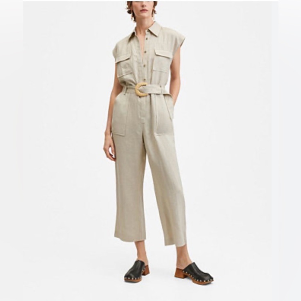 MANGO Pockets Detail Cargo Linen Beige Jumpsuit